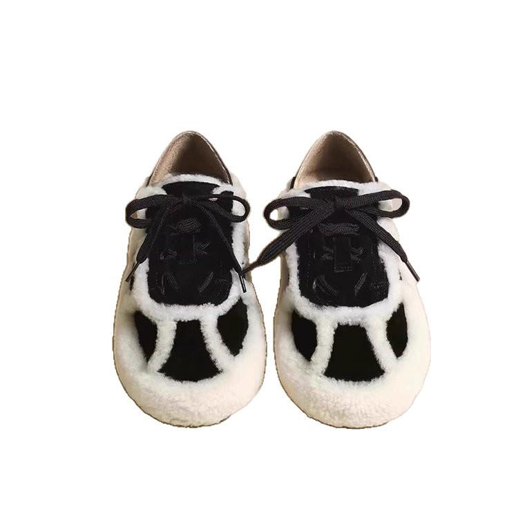 [Fried Chicken Fashion] Casual Shoes, Snow Cotton Women's Lamb Wool Shoes Lace-up Versatile Splicing Velvet Bean Shoes