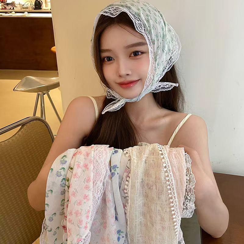 2025 Pastoral Style Lace Triangle Scarf & Plaid Ribbon Hairband