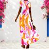 Women Plus Size V Neck Short Sleeve Colorful Printed Loose Long Dress
