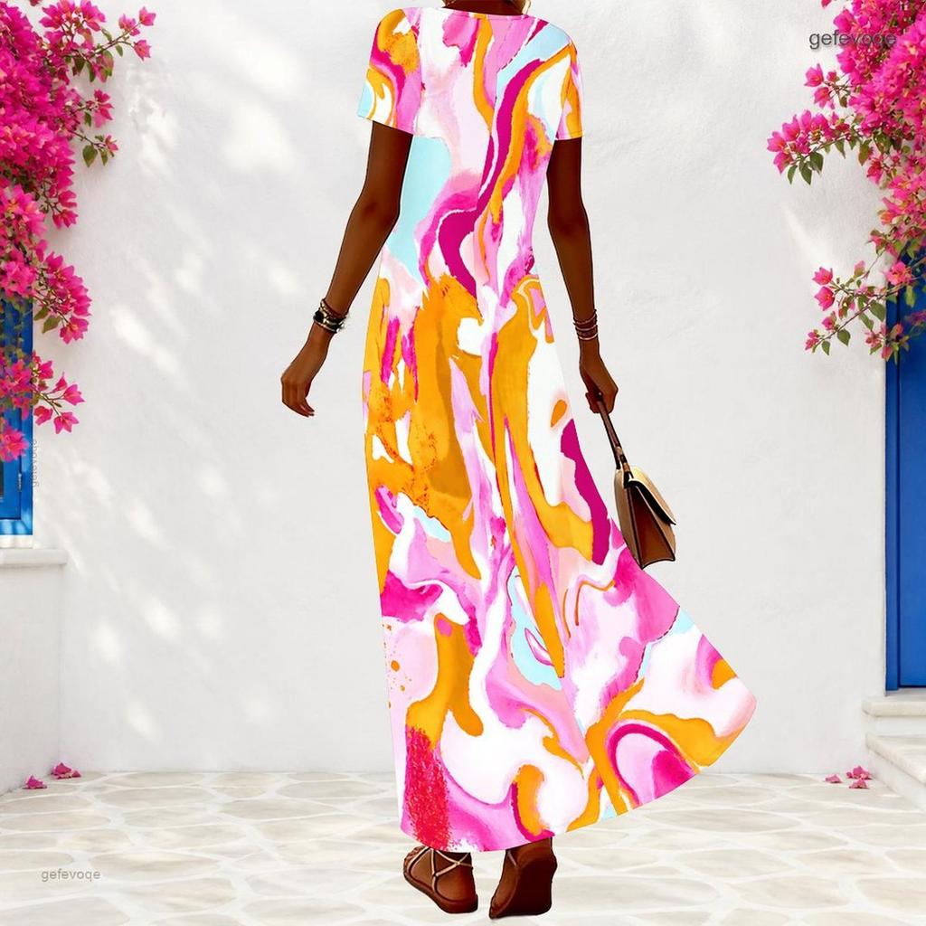 Women Plus Size V Neck Short Sleeve Colorful Printed Loose Long Dress