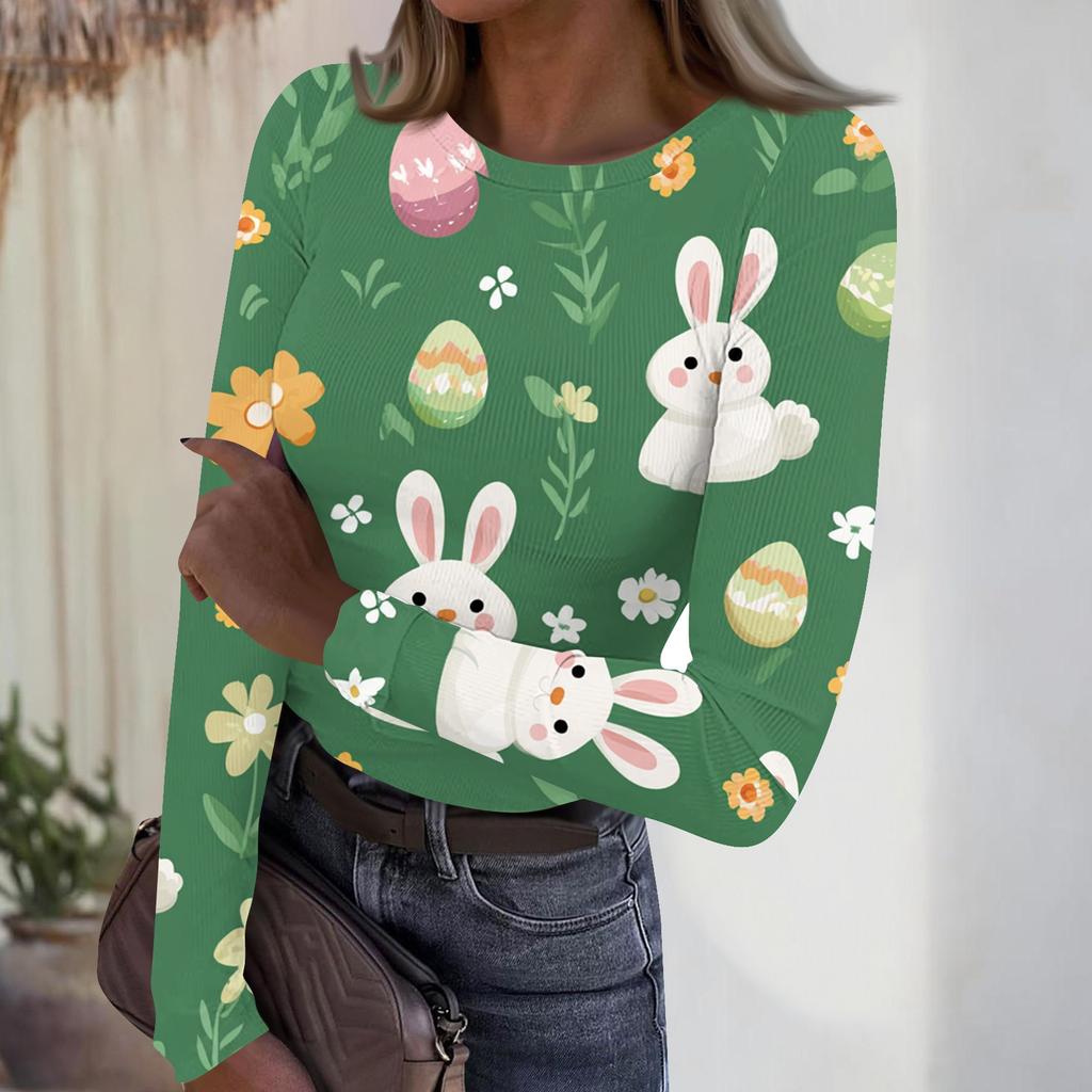 Women's Casual Fashion Round Neck Easter Print Long Sleeve Strip Top