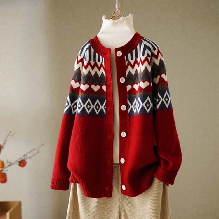 Retro Jacquard Round Neck Knit Cardigan - Women's 2025 Spring/Autumn Loose Ethnic Style Sweater Coat