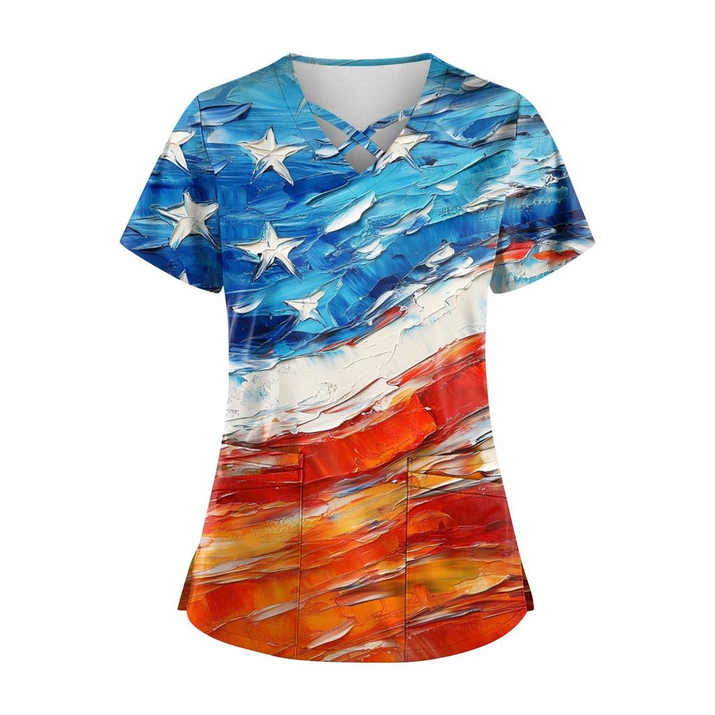 Women's Short Sleeve Stagger V Neck  Print Pocket Dry-nurse Top