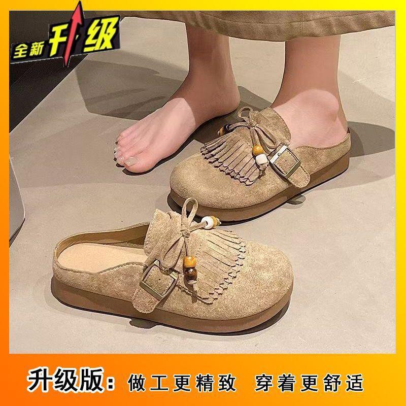 Super Popular Thick-soled Comfortable Non-slip Bag Head Half Slippers Women's Fringed Bow Single Shoes 2025 Spring and Summer New Models