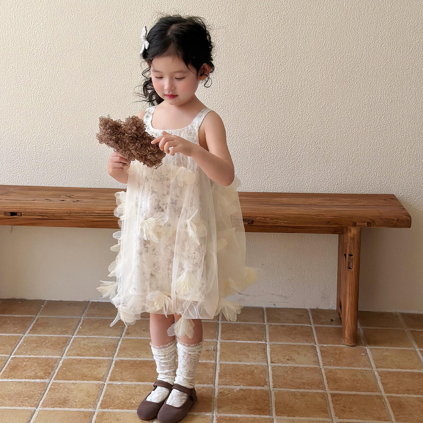 2026 Girls Floral Spaghetti Strap Dress - Korean Style Summer Princess Outfit for Little Girls 110 cm бежевый
