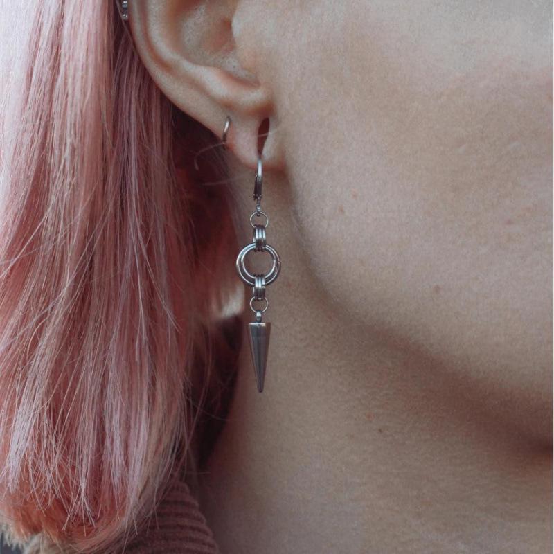 Gothic Punk Double Ring Spike Dangle Earrings in Stainless Steel