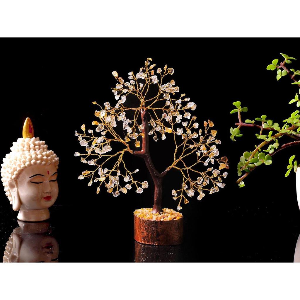 Crystals and Stones, Citrine and Clear Quartz Crystal Showpiece For Home Decor Decoration Bonsai Money Tree, Size 10-12 inches. 1 piece