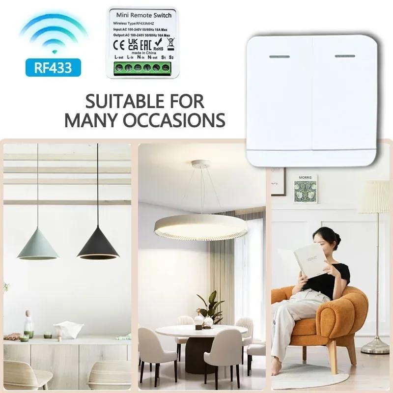 433MHz RF Wireless Relay Switch Receiver Smart Home 1/2/3 Gang Remote Control Wall Panel Module with 2-Way Control Function