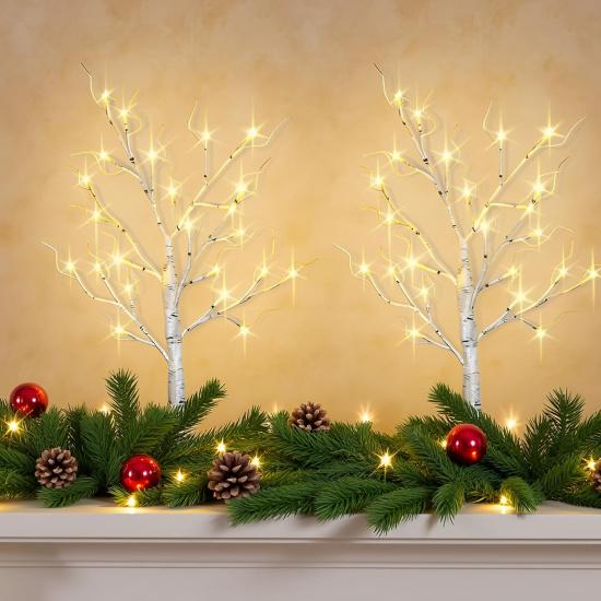 2-Pack Lighted Christmas Halloween Fall Tree Decorations Indoor, 2ft Birch Tree with LED Lights, Small Tabletop Christmas Tree with Lights, Warm
