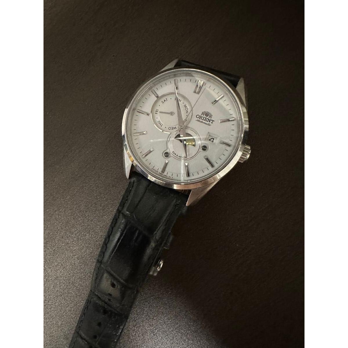Автоматические часы ORIENT SUN & MOON белый циферблат Мужские часы ORIENT кожаный ремешок