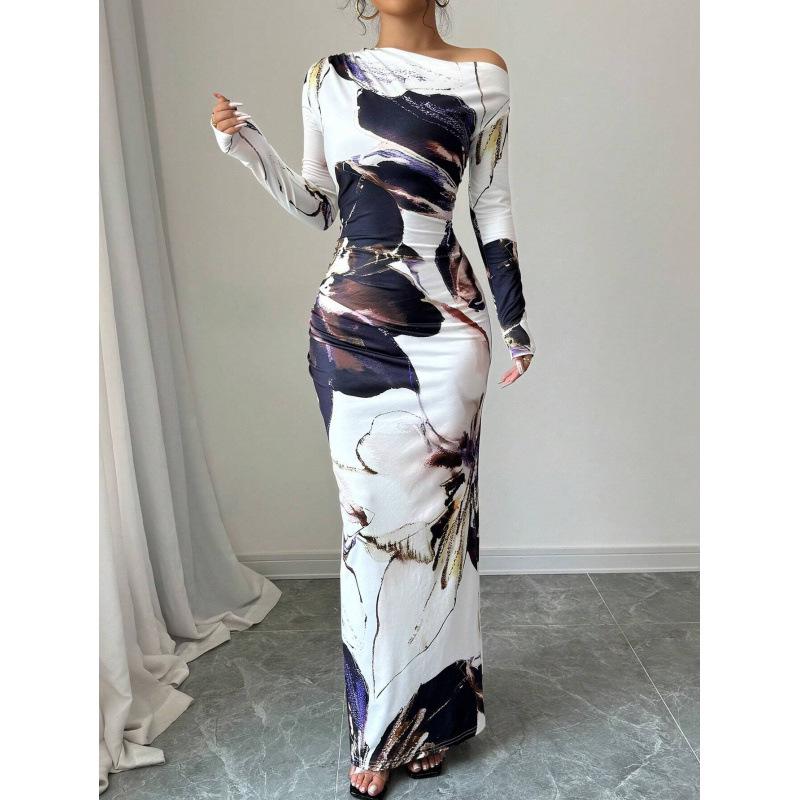 European & American Trendy Long-Sleeve Asymmetrical Neckline Dress