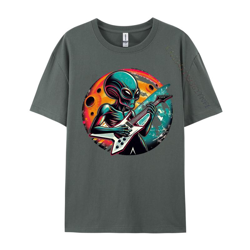 Retro Alien Guitar Rockstar Tshirt Funny T Shirt For Men Premium Cotton Autumn Tshirts Street Tops Shirt