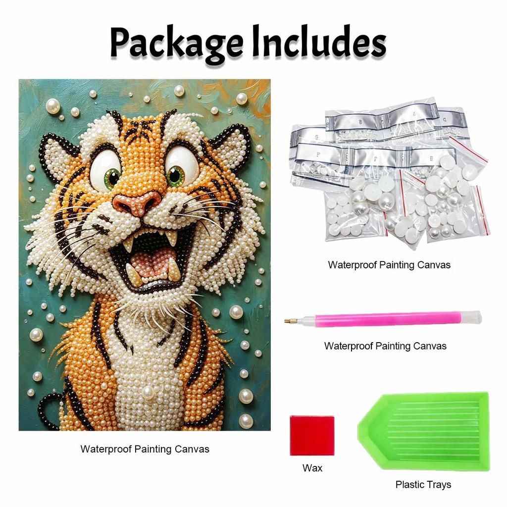 Sparkling Framed Pearl Painting Kit DIY with Cute Tiger Animal Design 3D Bead Art Canvas Ready To Display Home Wall Decor Gift Set for Crafts