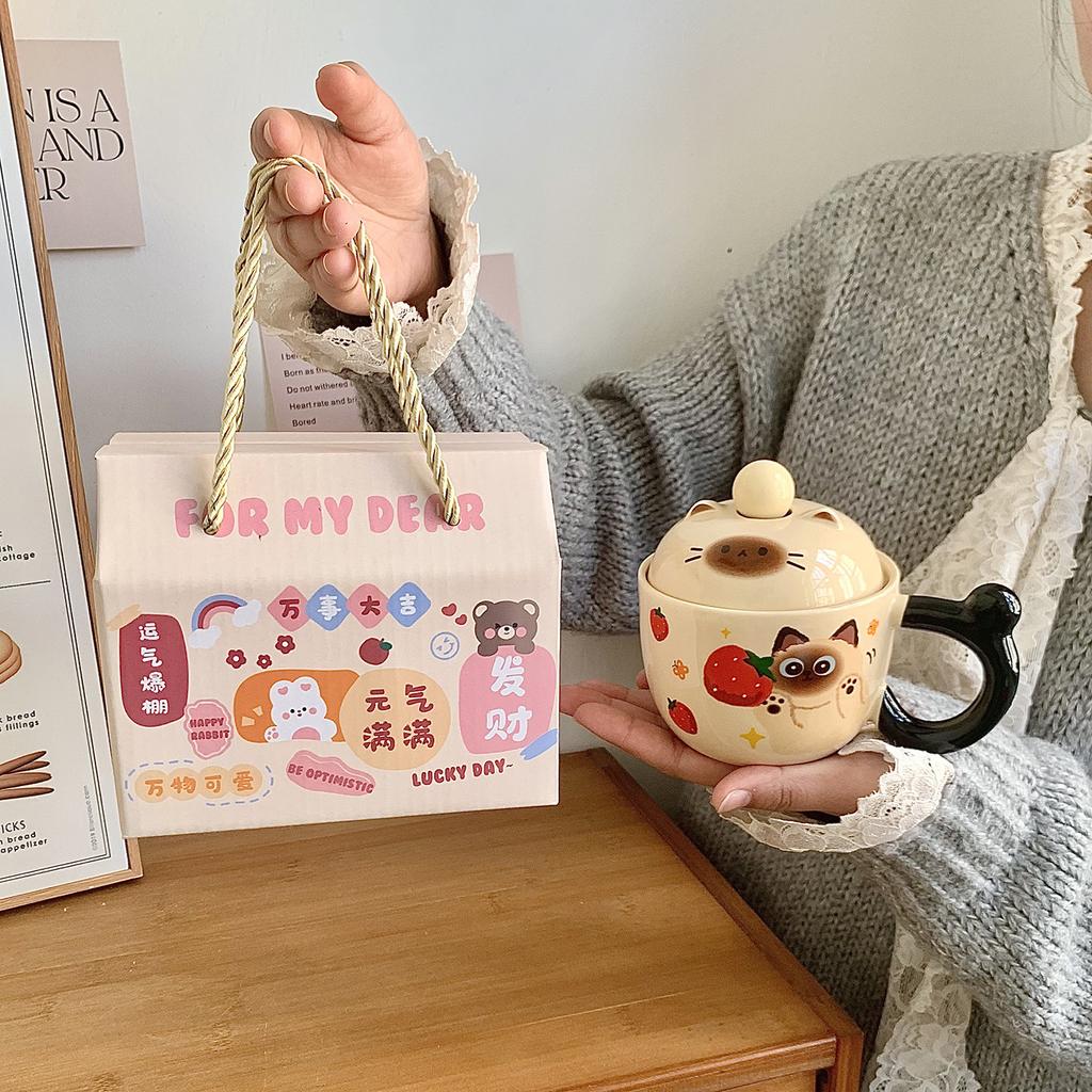 Siamese Cat Mug with Lid Spoon Cute Ceramic Cup for Women Home Office Coffee Breakfast Cup Birthday Gift