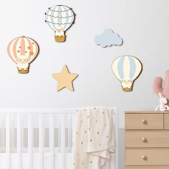 5 Pcs Hot Air Balloon Wall Decor with Star And Cloud Boho Wooden Wall Art Sign Cartoon Sheep Hot Air