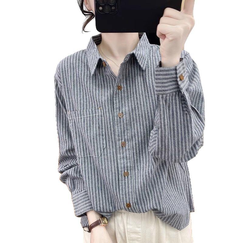 Women's Long-sleeved Striped Shirt Loose Autumn Cotton Shirt Bottoming Top