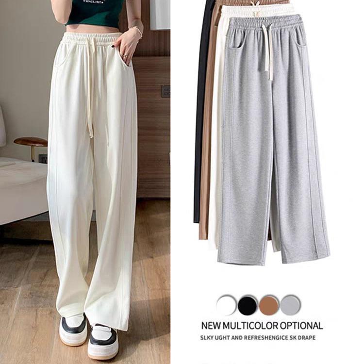 Women's High Waist Wide Leg Pants Loose Fit Straight Sweatpants Drawstring Pocket Spring American Casual Banana Trousers