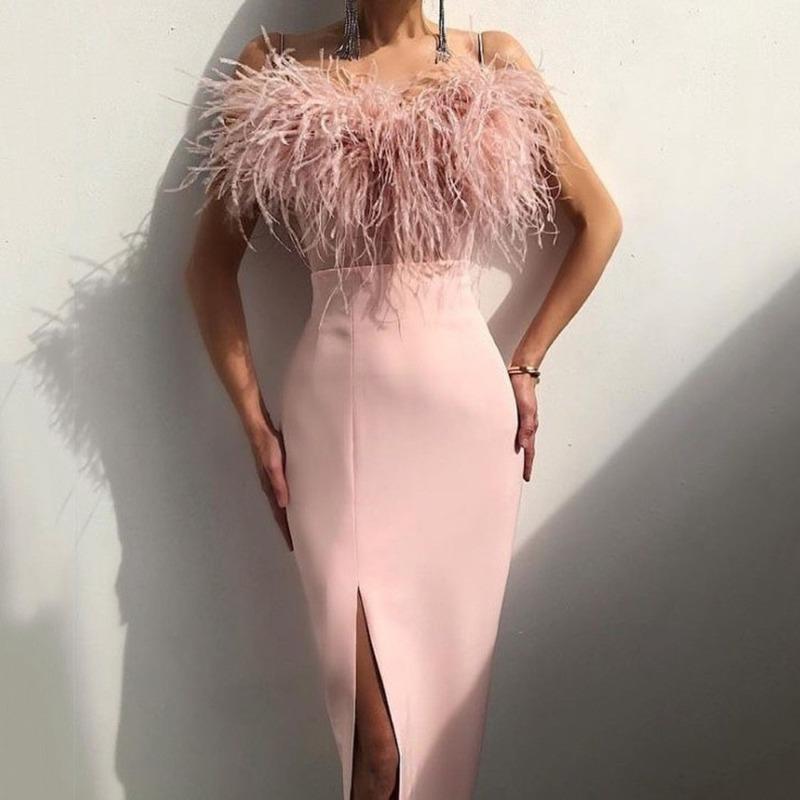 

New spring and suer women s clothing suspender feather dress banquet slim temperament slim arm dress S розовый