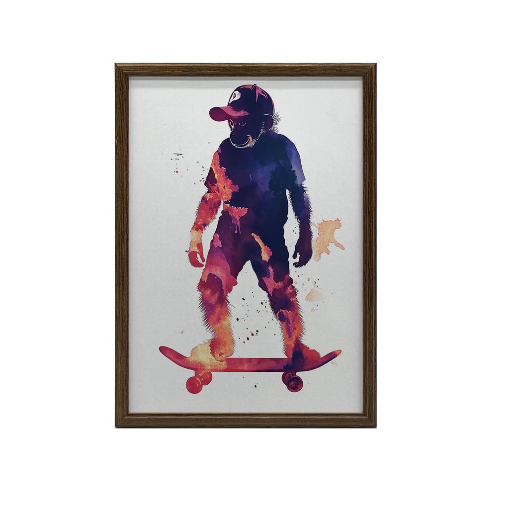 Poster Monkey On a Skateboard Poster Monkey On a Skateboard, 50X70 Cm, Dark Brown Wooden Frame, 230 Gsm Matte Paper