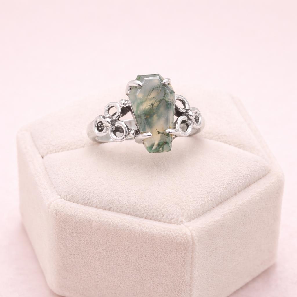 Moss Agate Coffin Ring Sterling Silver 925, Green Gemstone Statement Ring, Natural Moss Agate Boho Gothic Ring