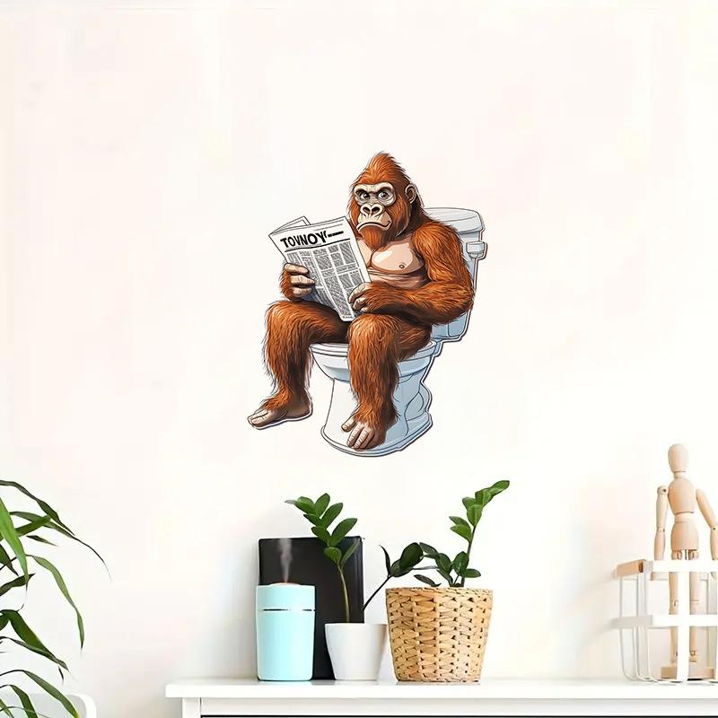 3D Funny Cartoon Gorilla Reading Newspaper Toilet Wall Sticker Self-Adhesive Waterproof Removable Bathroom Home Decor Art