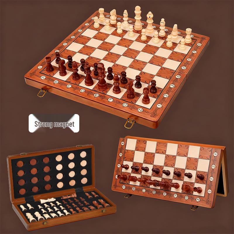 2-in-1 Wooden Folding Magnetic Chess & Checkers Board Game - Portable Tabletop Puzzle Toy