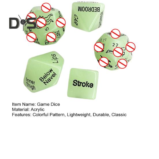 Juego de 5 dados traviesos que brillan en la oscuridad, acrílicos, sexys, para parejas, recuerdo de fiesta con patrones dorados.