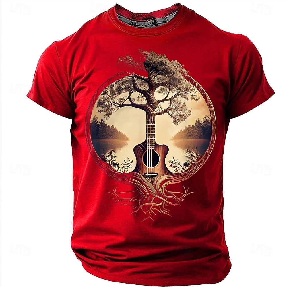 Men's Acoustic Guitar Tree of Life Graphic T-Shirt Nature Roots Surreal Music Art Folk Musician Gift Sunset
