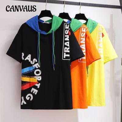 Plus Size Women's Summer Hooded Short Sleeve T-shirt Loose Colour Blocking Graffiti Top