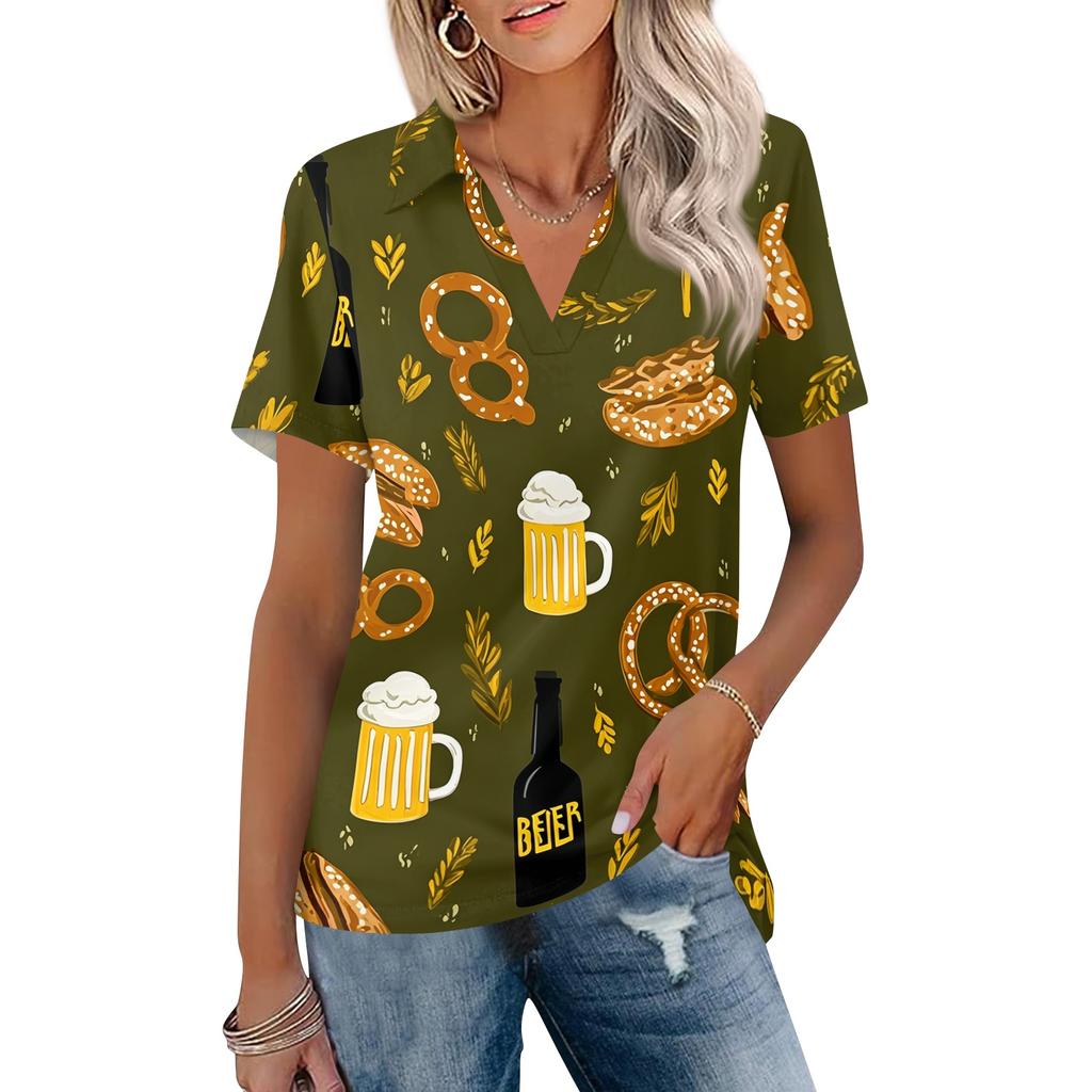 Women Casual V Neck Short Sleeve Oktoberfest Print Polo Shirt Lightweight Summer Top Relaxed Fit Blouse for Everyday Wear