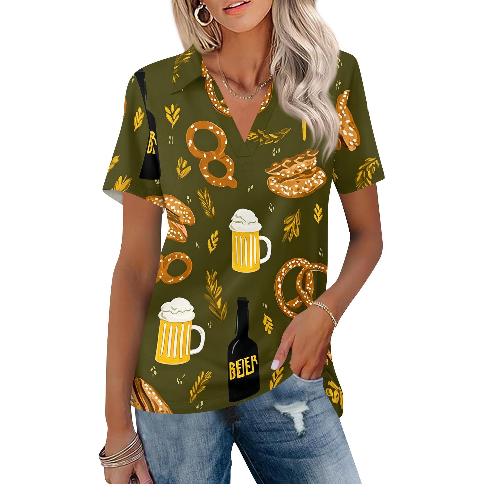 

Women Casual V Neck Short Sleeve Oktoberfest Print Polo Shirt Lightweight Summer Top Relaxed Fit Blouse for Everyday Wear M тёмно-синий