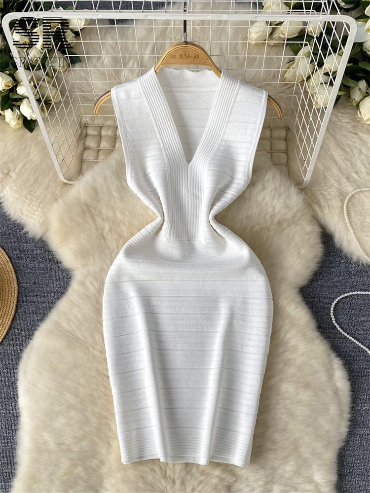 Vestido básico ajustado de punto para mujer, sin mangas, con escote en V, cintura elástica, temperamento sólido, vestido de calle