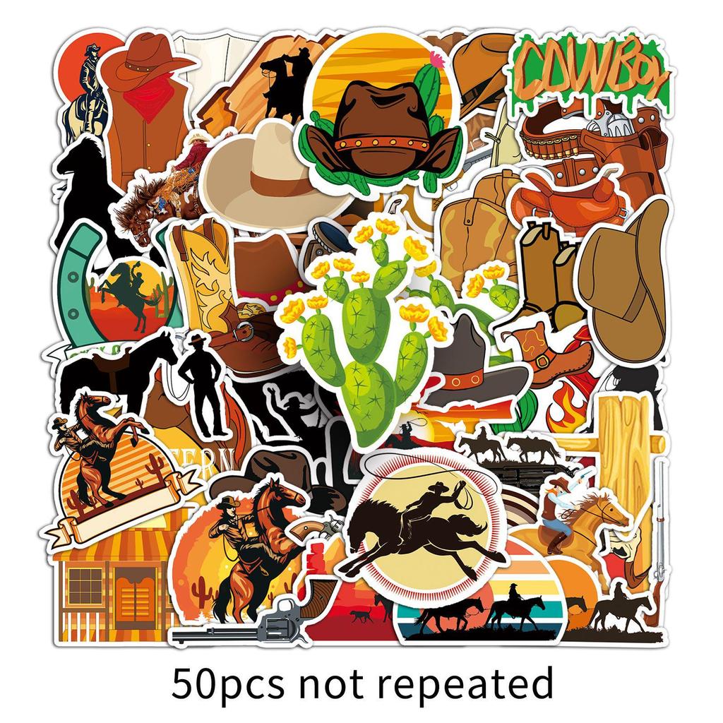 50 Western Cowboy Retro Cartoon Stickers - Waterproof, Removable, Ideal for Suitcases, Notebooks, Journals