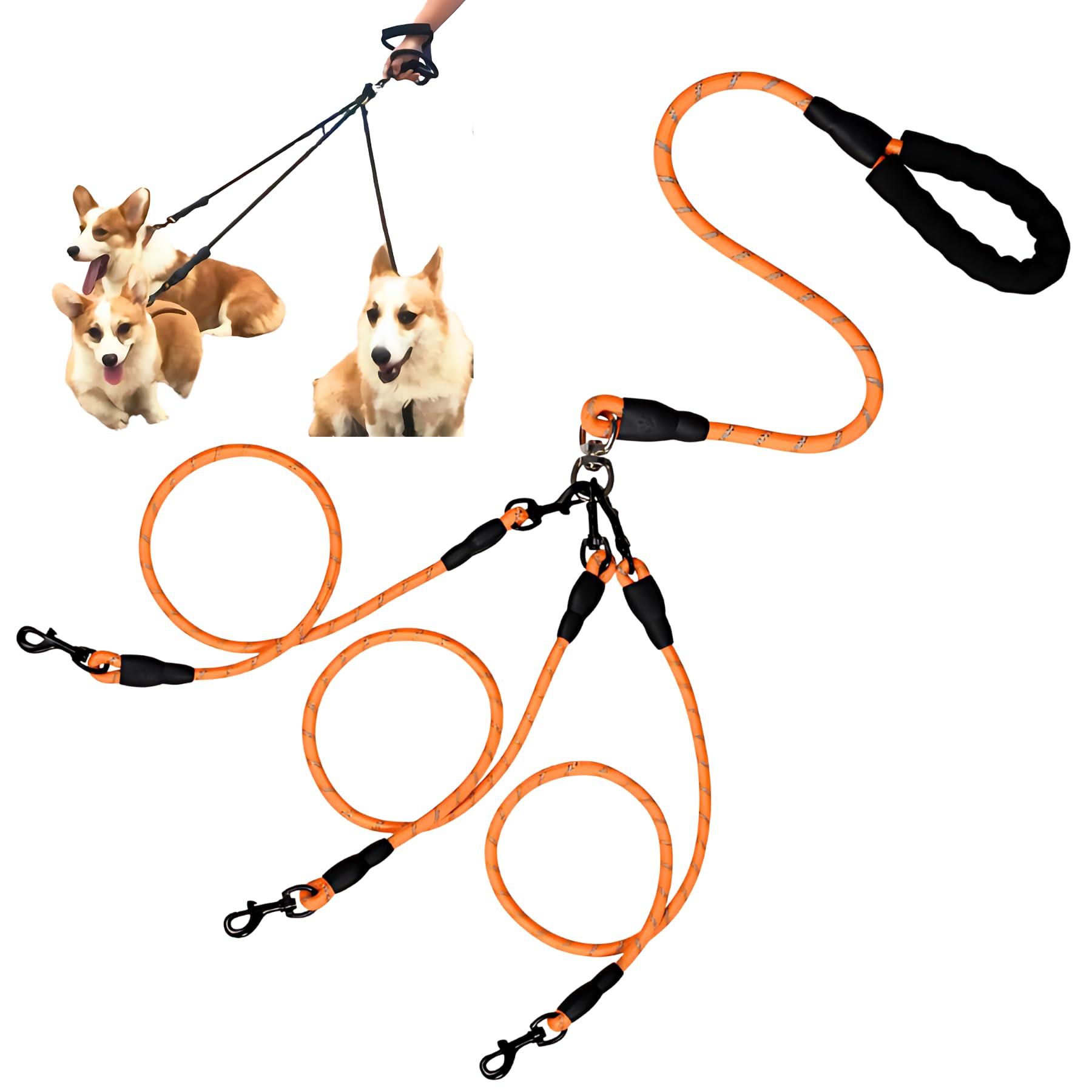 

Поводок для собак Mellbo для нескольких крупных собак, поворотный, с амортизацией, оранжевый, поводок для 2 собак, поводок для 3 собак, маленький, средний, собаки, крюк 360°, ручка, 1,6 м, оранжевый