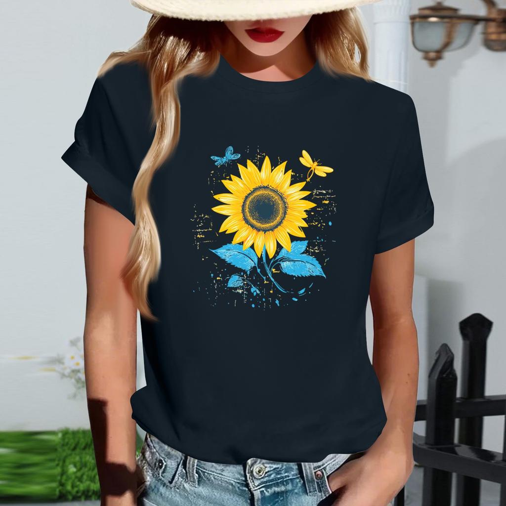 Damen Modisches Rundhals Casual Retro Print Kurzarm T-Shirt Top