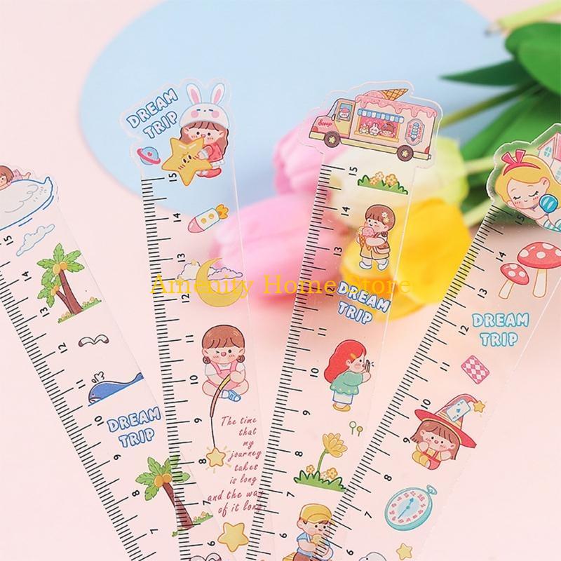 F26C 4 Pcs Plastic Ruler Straight Ruler with Dream Trip Design Plastic Measuring Tool for Student School Office