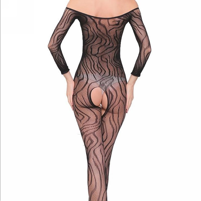 Zebra Stripes Fishnet Crotchless Sheer Bodystocking Full Body Pantyhose  Transparent Long-Sleeve Open Crotch  Tights Stocking