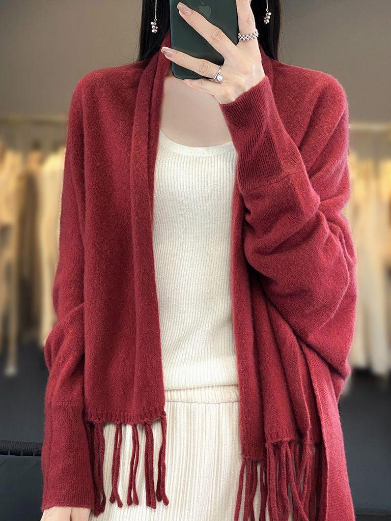 Women's Pure Wool Shawl Cardigan Sweater - Loose Fit, Tassel Design for Autumn/Winter 2023. Fashionable Knitwear.