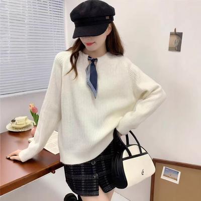 Autumn and Winter Design Pullover Sweater Women's Ribbon Bow Tie Crew Neck Gentle Fashion Versatile Knitted Sweater Women