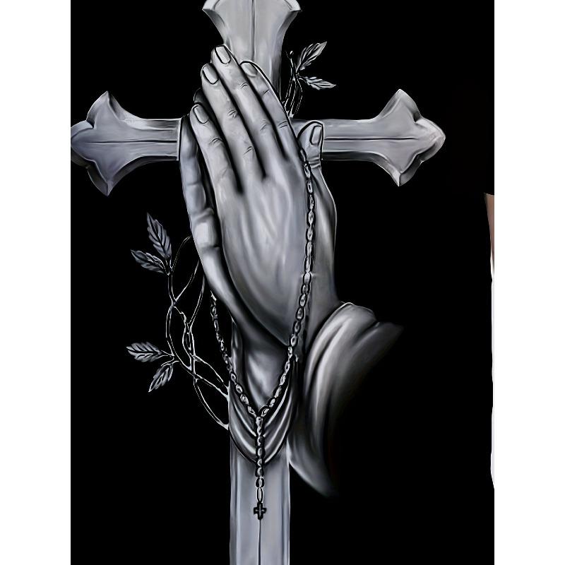 European sizes Men's Religious Graphic Crew Neck T-Shirt , Breathable Gym & Casual Shirt with Cross & Prayer Hands Design, Short Sleeve Regular Fit