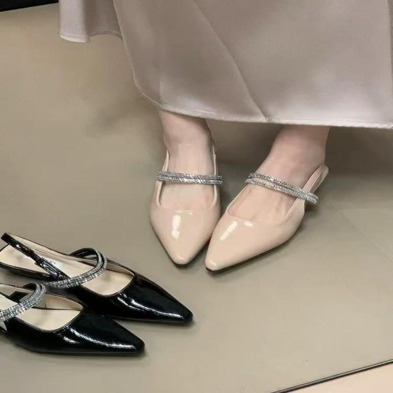 Fashion Baotou Sandals Summer New Pointed Toe Shallow Mouth Rhinestone Slip Belt Soft Sole Non-slip Low Heel Shoes