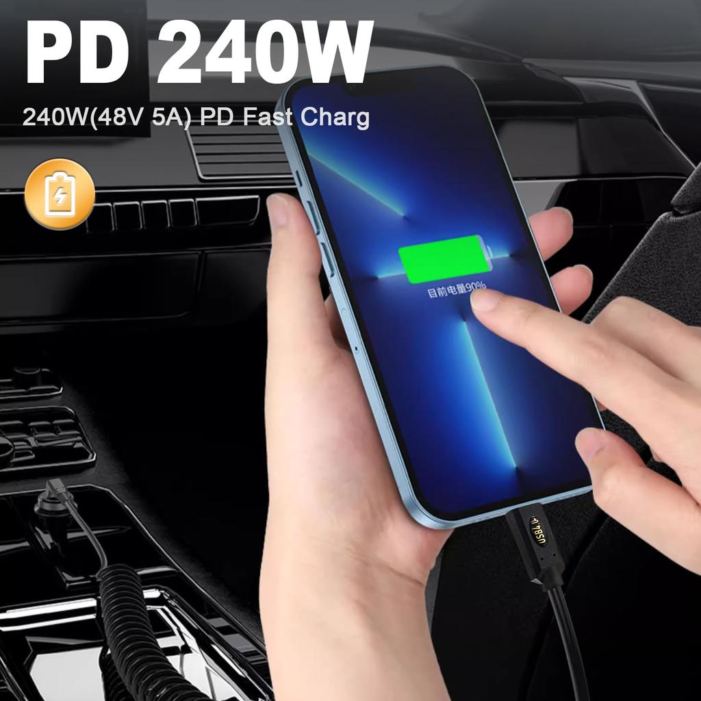 Duttek Right Angle USB C To USB C Coiled Cable for Thunderbolt 3 Right Angle Type C Male To Male Coiled Cable Supports Video and 240W PD Fast 40Gbps,