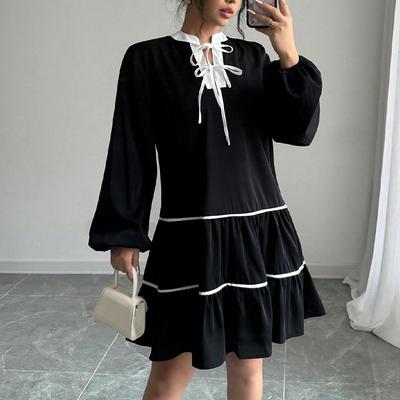 Spring Autumn Women's New Dress Fashion Temperament Color Block V-neck Lantern Sleeve Bow Loose High Waist A-line Short Dresses