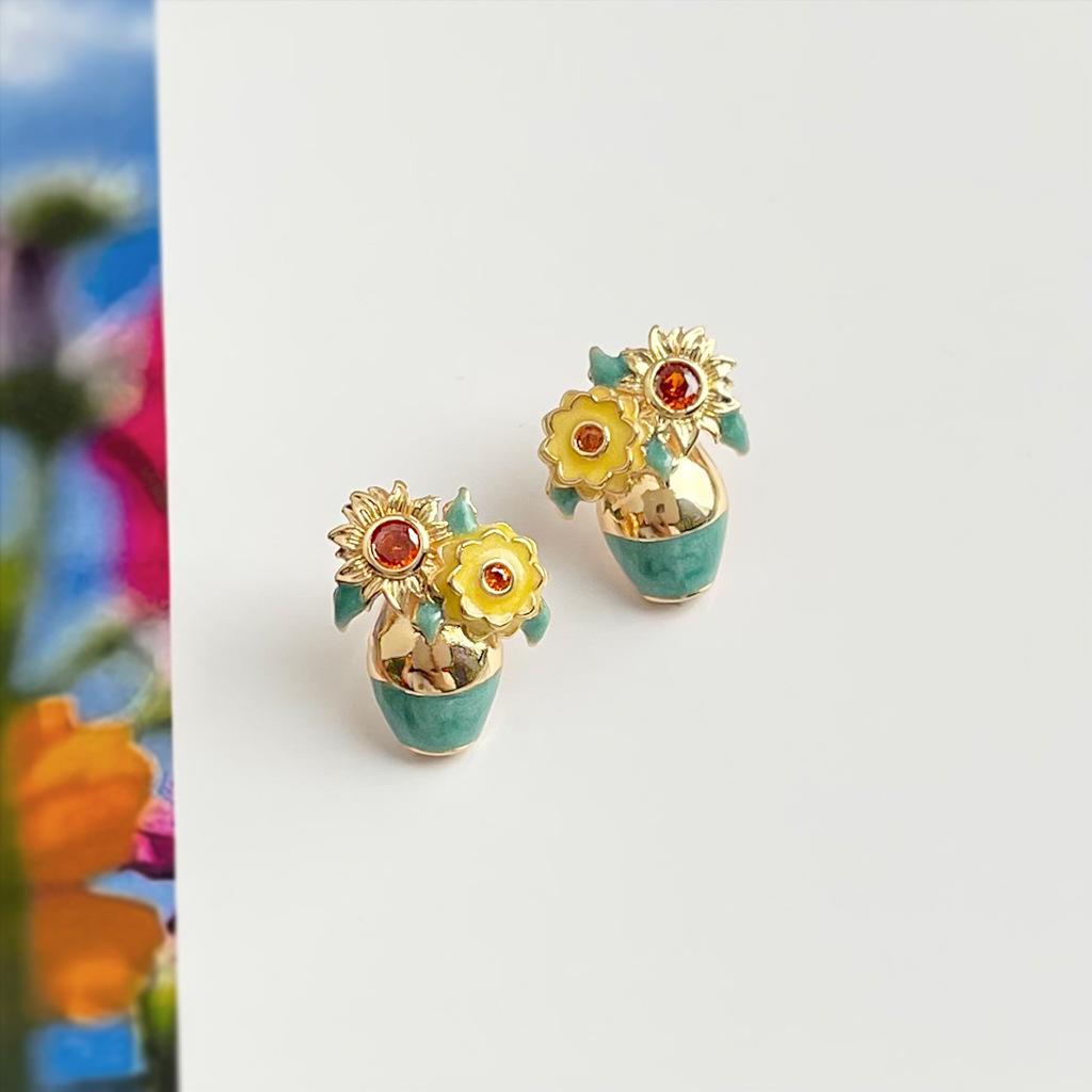 [Подсолнух] Дизайнерские серьги-подвески с покрытием 14K, микроинкрустация цирконами, эмаль, глазурь