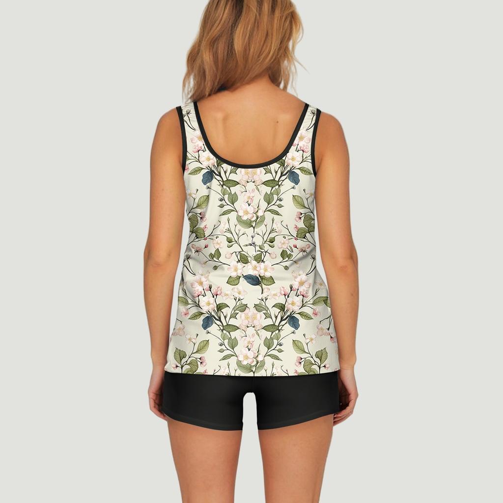 Zweiteiliger Tankini-Badeanzug für Damen mit Oberteil mit tropischem Aufdruck und schwarzer Hose, perfekt für Strand- und Poolaktivitäten
