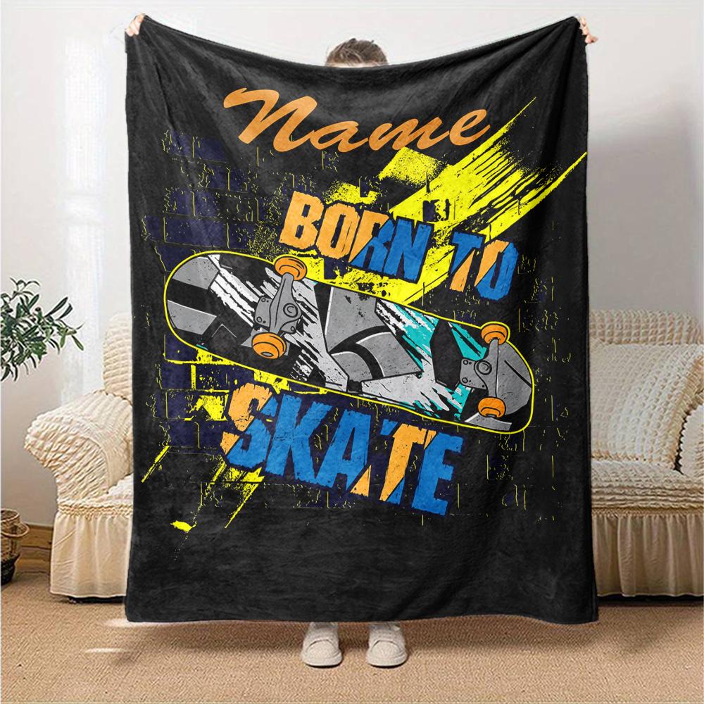 Custom Name skateboard Theme Printed Blanket - Perfect for Couch, Bed, Travel & Outdoor Use | Machine Washable, Cozy & Durable.