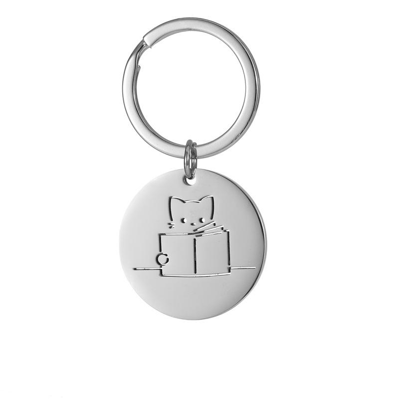 Cute Cat Round Stainless Steel Keychain 6 Optional Styles Fashion Bag Pendant Practical Gift for Best Friends