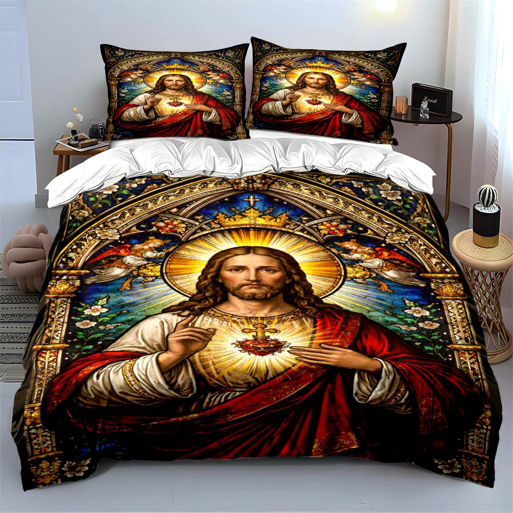 Set Biancheria da Letto Sacro Cuore di Gesù Set Biancheria da Letto con Arte Religiosa (1 copripiumino, 2 federe, piumino non incluso)