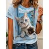 Moda Feminina Retro Criativo Estampa de Gato Camiseta Divertida Casual Gola Redonda Manga Curta Camiseta de Verão Feminina