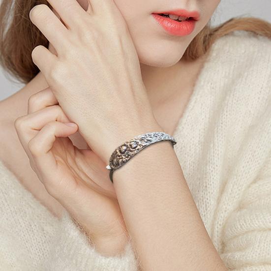 Handmade Sterling Spoon Bangle Floral Pattern Opening Bangle Boho Style Handle Cuff Jewelry Accessories